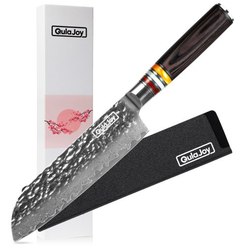 Qulajoy 7 Inch Nakiri Chef Knife,Professional Japanese 67 Layers Damascus VG-10 Steel Core,Hammered Vegetable Cutting Knife,Ergonomic Pakkawood H