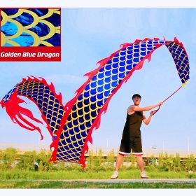 DSJUGGLING 3D Dragon Poi with 340g Weighted Ball & 1.1 Meters Swing Rope - Silk Flowy Shaking & Flinging Chinese Golden Dragon Ribbon Streamer + (Color: Golden Blue Dragon)